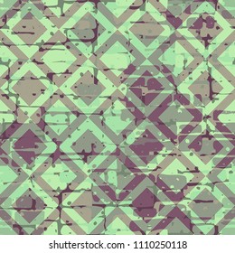 A seamless pattern made up of inaccurate multicolored rectangles arranged in random order. Texture in camouflage style. Above the picture is laid a diamond-shaped network of fine lines.