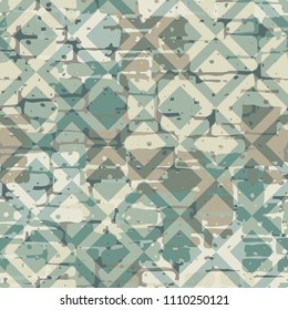 A seamless pattern made up of inaccurate multicolored rectangles arranged in random order. Texture in camouflage style. Above the picture is laid a diamond-shaped network of fine lines.