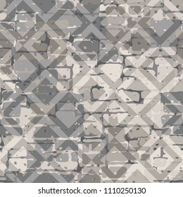 A seamless pattern made up of inaccurate multicolored rectangles arranged in random order. Texture in camouflage style. Above the picture is laid a diamond-shaped network of fine lines.