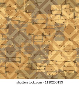 A seamless pattern made up of inaccurate multicolored rectangles arranged in random order. Texture in camouflage style. Above the picture is laid a diamond-shaped network of fine lines.