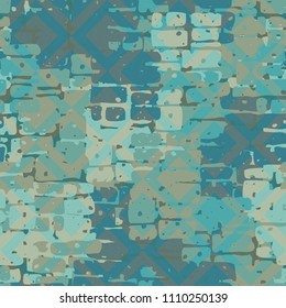 A seamless pattern made up of inaccurate multicolored rectangles arranged in random order. Texture in camouflage style. Above the picture is laid a diamond-shaped network of fine lines.