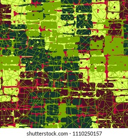 A seamless pattern made up of inaccurate multicolored rectangles arranged in random order. Texture in camouflage style. Above the picture are chaotic squares of fine lines.