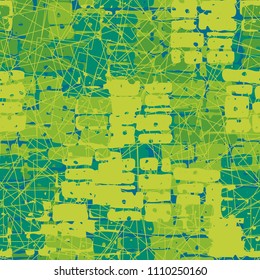 A seamless pattern made up of inaccurate multicolored rectangles arranged in random order. Texture in camouflage style. Above the picture are chaotic squares of fine lines.