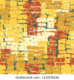 A seamless pattern made up of inaccurate multicolored rectangles arranged in random order. Texture in camouflage style. Above the picture are chaotic squares of fine lines.