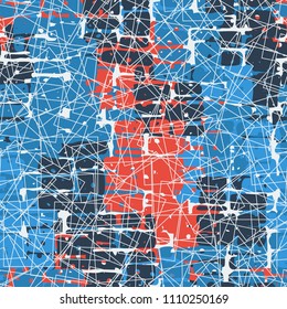 A seamless pattern made up of inaccurate multicolored rectangles arranged in random order. Texture in camouflage style. Above the picture are chaotic squares of fine lines.
