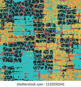 A seamless pattern made up of inaccurate multicolored rectangles arranged in random order. Texture in camouflage style. Over the picture are worn five-pointed stars.