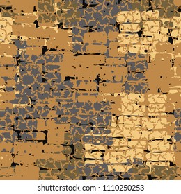 A seamless pattern made up of inaccurate multicolored rectangles arranged in random order. Texture in camouflage style. Over the picture are worn five-pointed stars.