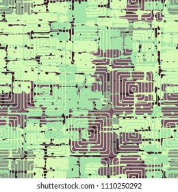 A seamless pattern made up of inaccurate multicolored rectangles arranged in random order. Texture in camouflage style. Above the picture are placed concentric rounded squares.