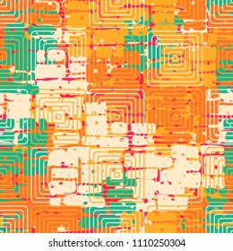 A seamless pattern made up of inaccurate multicolored rectangles arranged in random order. Texture in camouflage style. Above the picture are placed concentric rounded squares.