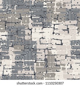 A seamless pattern made up of inaccurate multicolored rectangles arranged in random order. Texture in camouflage style. Above the picture are placed concentric rounded squares.