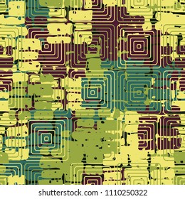 A seamless pattern made up of inaccurate multicolored rectangles arranged in random order. Texture in camouflage style. Above the picture are placed concentric rounded squares.