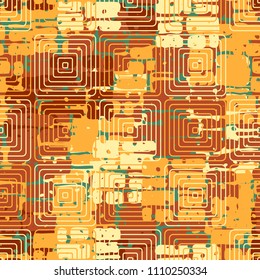 A seamless pattern made up of inaccurate multicolored rectangles arranged in random order. Texture in camouflage style. Above the picture are placed concentric rounded squares.