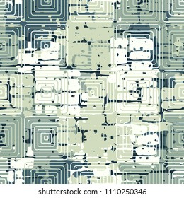 A seamless pattern made up of inaccurate multicolored rectangles arranged in random order. Texture in camouflage style. Above the picture are placed concentric rounded squares.