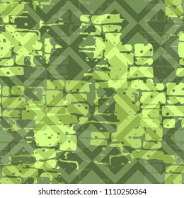 A seamless pattern made up of inaccurate multicolored rectangles arranged in random order. Texture in camouflage style. Above the picture is laid a diamond-shaped network of fine lines.