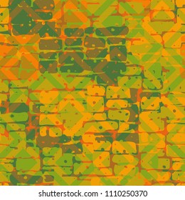A seamless pattern made up of inaccurate multicolored rectangles arranged in random order. Texture in camouflage style. Above the picture is laid a diamond-shaped network of fine lines.