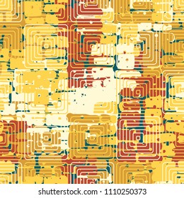 A seamless pattern made up of inaccurate multicolored rectangles arranged in random order. Texture in camouflage style. Above the picture are placed concentric rounded squares.