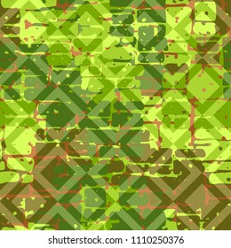 A seamless pattern made up of inaccurate multicolored rectangles arranged in random order. Texture in camouflage style. Above the picture is laid a diamond-shaped network of fine lines.