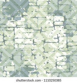 A seamless pattern made up of inaccurate multicolored rectangles arranged in random order. Texture in camouflage style. Above the picture is laid a diamond-shaped network of fine lines.