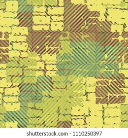 A seamless pattern made up of inaccurate multicolored rectangles arranged in random order. Texture in camouflage style. The picture is overlaid with a network of large squares with diagonal stripes.