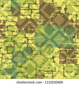 A seamless pattern made up of inaccurate multicolored rectangles arranged in random order. Texture in camouflage style. Above the picture is laid a diamond-shaped network of fine lines.