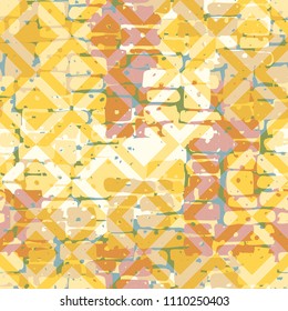 A seamless pattern made up of inaccurate multicolored rectangles arranged in random order. Texture in camouflage style. Above the picture is laid a diamond-shaped network of fine lines.