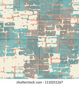 A seamless pattern made up of inaccurate multicolored rectangles arranged in random order. Texture in camouflage style. The picture is overlaid with a network of large squares with diagonal stripes.