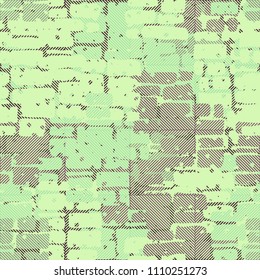 A seamless pattern made up of inaccurate multicolored rectangles arranged in random order. Texture in camouflage style. The picture is overlaid with a network of large squares with diagonal stripes.