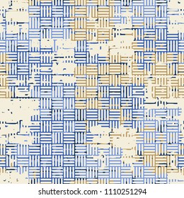 A seamless pattern made up of inaccurate multicolored rectangles arranged in random order. Texture in camouflage style. A network of not large striped squares is superimposed over the picture.