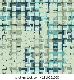 A seamless pattern made up of inaccurate multicolored rectangles arranged in random order. Texture in camouflage style. A network of not large striped squares is superimposed over the picture.