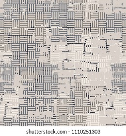 A seamless pattern made up of inaccurate multicolored rectangles arranged in random order. Texture in camouflage style. A network of not large striped squares is superimposed over the picture.