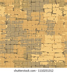 A seamless pattern made up of inaccurate multicolored rectangles arranged in random order. Texture in camouflage style. A network of not large striped squares is superimposed over the picture.
