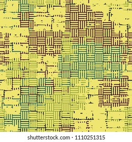 A seamless pattern made up of inaccurate multicolored rectangles arranged in random order. Texture in camouflage style. A network of not large striped squares is superimposed over the picture.