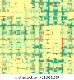 A seamless pattern made up of inaccurate multicolored rectangles arranged in random order. Texture in camouflage style. A network of not large striped squares is superimposed over the picture.
