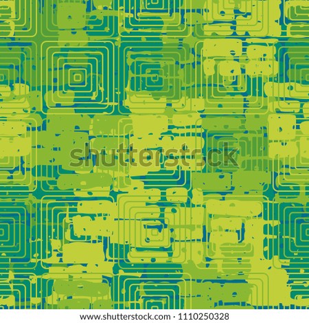 A seamless pattern made up of inaccurate multicolored rectangles arranged in random order. Texture in camouflage style. Above the picture are placed concentric rounded squares.