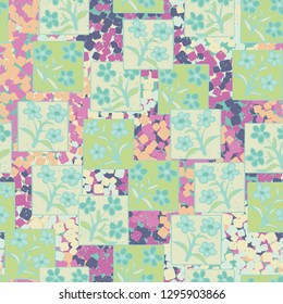 Seamless pattern made up of inflorescences drawn in squares. 
Background consisting of chaos of multi-colored squares. Easy to edit.