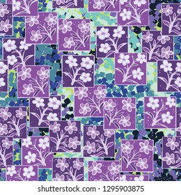 Seamless pattern made up of inflorescences drawn in squares. 
Background consisting of chaos of multi-colored squares. Easy to edit.