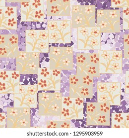 Seamless pattern made up of inflorescences drawn in squares. 
Background consisting of chaos of multi-colored squares. Easy to edit.