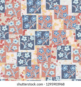 Seamless pattern made up of inflorescences drawn in squares. 
Background consisting of chaos of multi-colored squares. Easy to edit.