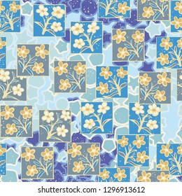 Seamless pattern made up of inflorescences drawn in squares.
The background consists of stars, circles and intermediate shapes. Easy to edit.
