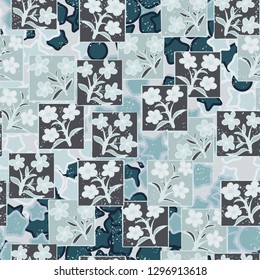 Seamless pattern made up of inflorescences drawn in squares.
The background consists of stars, circles and intermediate shapes. Easy to edit.