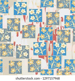 Seamless pattern made up of inflorescences drawn in squares.
Background made up of paint drips. Easy to edit.