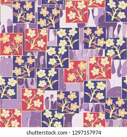 Seamless pattern made up of inflorescences drawn in squares.
Background made up of paint drips. Easy to edit.