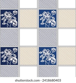 Seamless pattern made up of inflorescences drawn in squares. Background consisting of large blots. Easy to edit.
