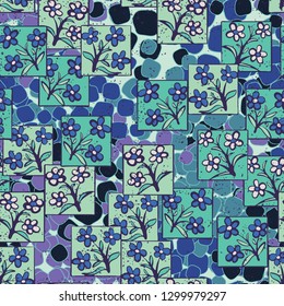 Seamless pattern made up of inflorescences inscribed into squares.
The background consists of chaos of rounded quadrangles. Editable.