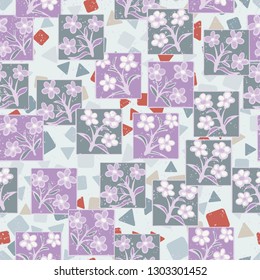 Seamless pattern made up of inflorescences inscribed into squares.
The background consists of chaos of triangles and squares. Editable.