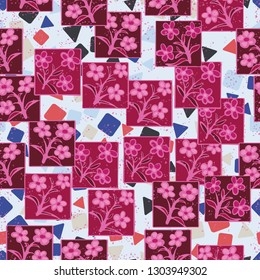 Seamless pattern made up of inflorescences inscribed into squares.
The background consists of chaos of triangles and squares. Editable.
