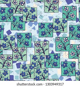 Seamless pattern made up of inflorescences inscribed into squares.
The background consists of chaos of triangles and squares. Editable.