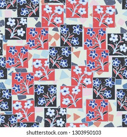 Seamless pattern made up of inflorescences inscribed into squares.
The background consists of chaos of triangles and squares. Editable.