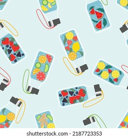 A seamless pattern made with infused water bottles with caps. Healthy summer drinks for refreshment and fitness. Homemade fruit and vegetables water with seasonal ingredients.