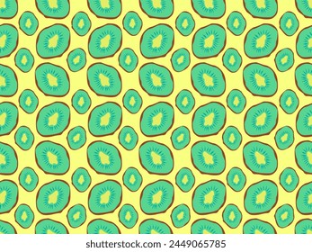 Seamless pattern made of kiwi (in cross section), isolated on yellow background (backdrop). Food. vector illustration.